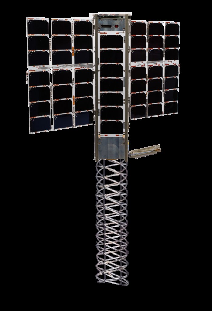 A compact satellite with deployed solar panels and antenna