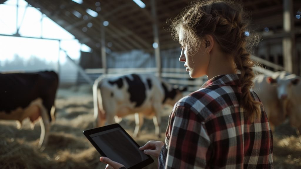 Ganadera con una tableta junto a vacas estabuladas