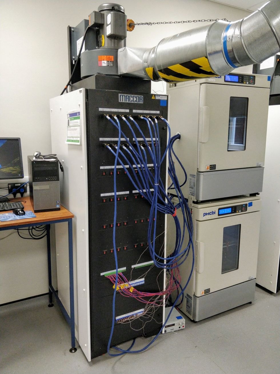 Battery testing equipment with cables and ventilation equipment