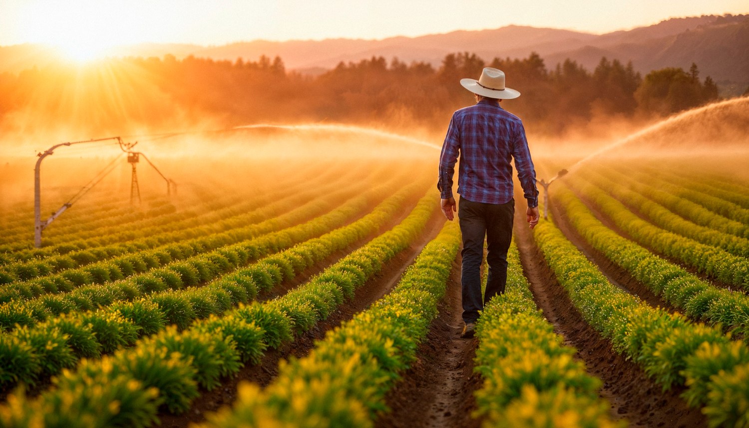 A grower walking through an irrigated field at sunset